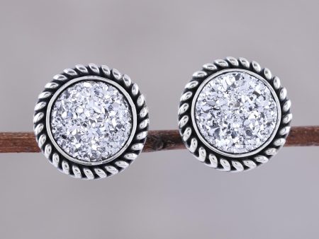 White Sphere Drusy Quartz Silver Stud Earrings on Sale