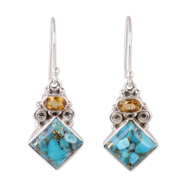 Sky Fragments Citrine and Composite Turquoise Dangle Earrings from India Online now