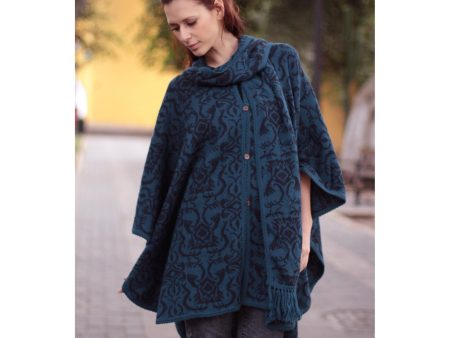 Lima Flora Blue Alpaca Blend Ruana Cloak For Sale