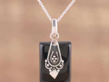 Midnight Greeting Black Onyx and Sterling Silver Pendant Necklace from India Cheap