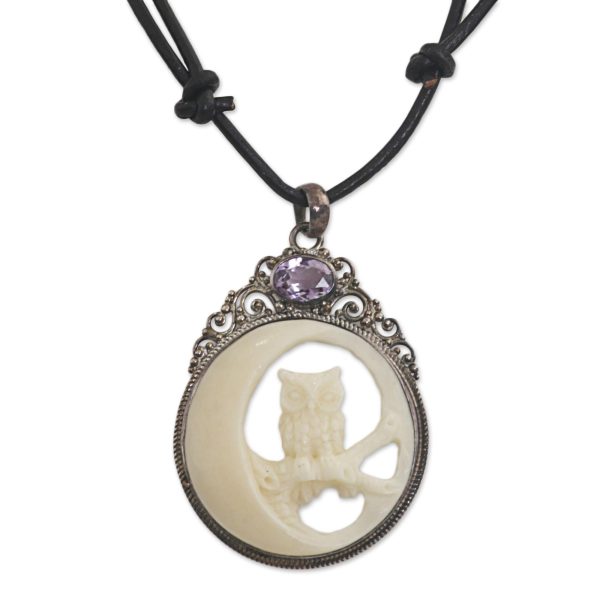 Nighttime Owl Amethyst Silver Bone Leather Pendant Necklace Online Sale