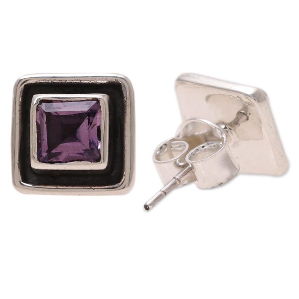 Regal Frame Square Amethyst Stud Earrings from India For Cheap