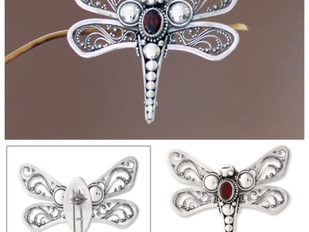 Scarlet Dragonfly Sterling Silver & Garnet Brooch Cheap