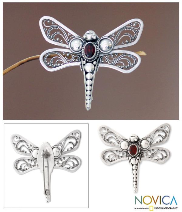 Scarlet Dragonfly Sterling Silver & Garnet Brooch Cheap