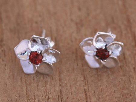 Jepun Soul Flower Garnet & Silver Stud Earrings For Cheap