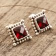 Picture Perfect in Red Checkerboard Faceted Garnet Sterling Silver Stud Earrings Online Hot Sale