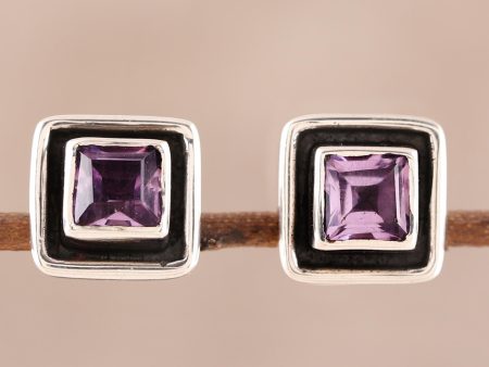 Regal Frame Square Amethyst Stud Earrings from India For Cheap