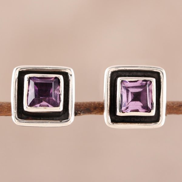 Regal Frame Square Amethyst Stud Earrings from India For Cheap