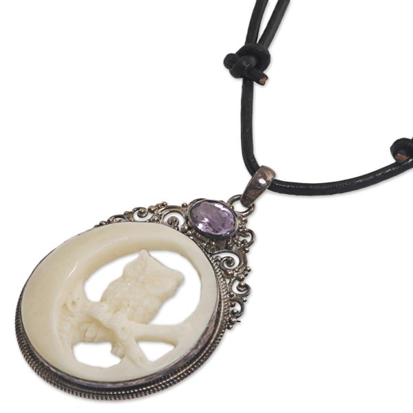 Nighttime Owl Amethyst Silver Bone Leather Pendant Necklace Online Sale