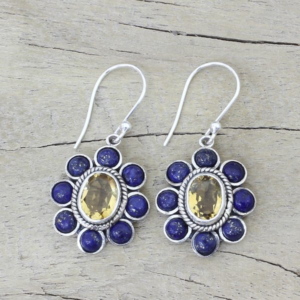 Sunny Blue Citrine & Lapis Lazuli Dangle Earrings For Cheap