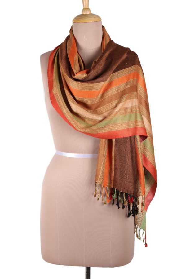 Multicolored Fusion Multicolored Striped Viscose Shawl from India Hot on Sale