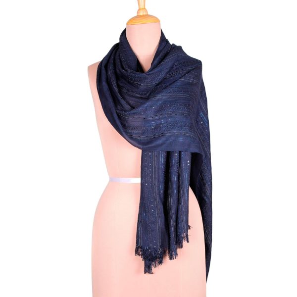 Sapphire Shimmer Embellished Viscose Blend Shawl in Indigo from India Cheap