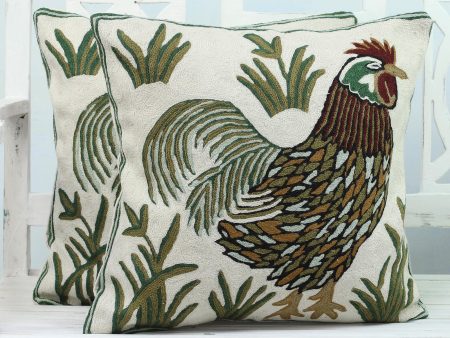 Rooster Crow Two Embroidered Cushion Covers with Roosters from India Online now