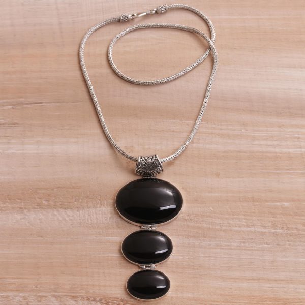 Night Ovals Onyx & Silver Pendant Necklace Fashion