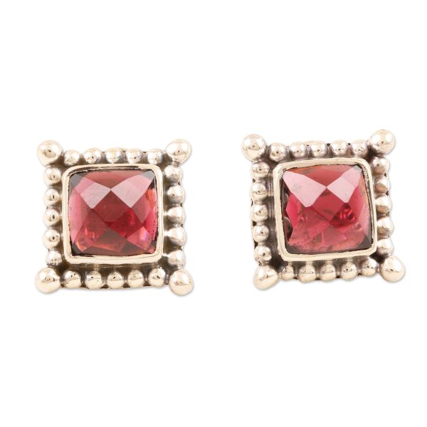 Picture Perfect in Red Checkerboard Faceted Garnet Sterling Silver Stud Earrings Online Hot Sale