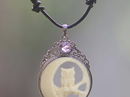 Nighttime Owl Amethyst Silver Bone Leather Pendant Necklace Online Sale