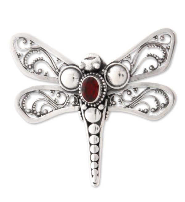 Scarlet Dragonfly Sterling Silver & Garnet Brooch Cheap