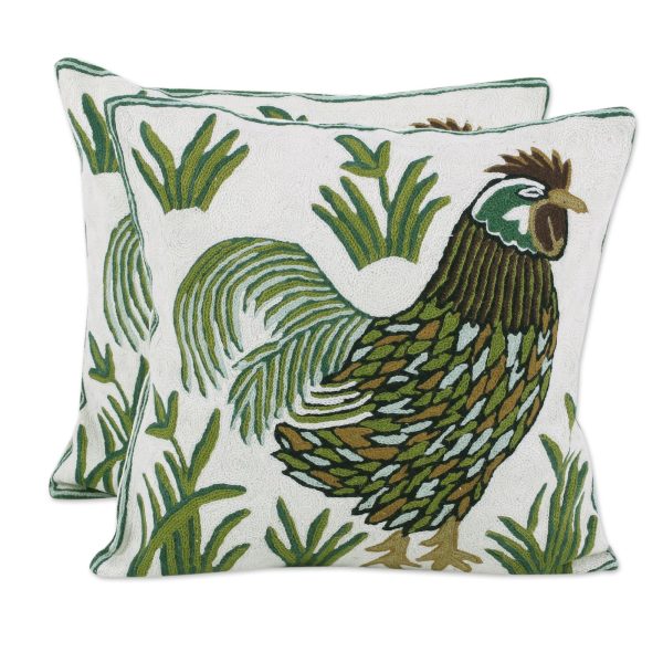 Rooster Crow Two Embroidered Cushion Covers with Roosters from India Online now