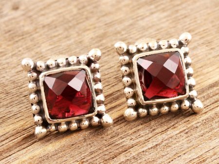 Picture Perfect in Red Checkerboard Faceted Garnet Sterling Silver Stud Earrings Online Hot Sale